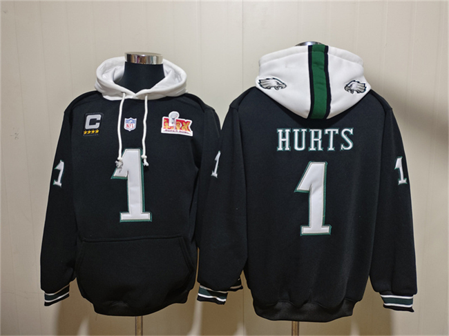 Men's Philadelphia Eagles #1 Jalen Hurts Black Super Bowl LIX Pullover Hoodie